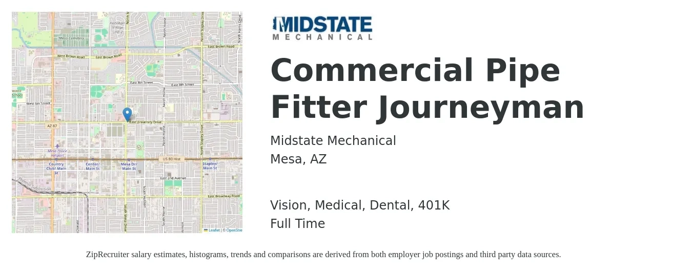 Midstate Mechanical job posting for a Commercial Pipe Fitter Journeyman in Mesa, AZ with a salary of $26 to $37 Hourly and benefits including 401k, dental, life_insurance, medical, and vision with a map of Mesa location.