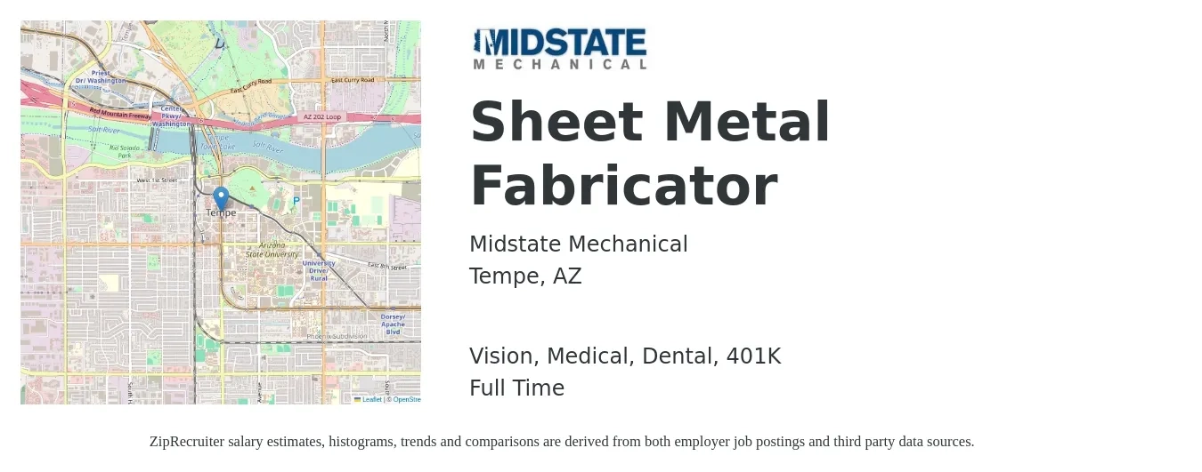 Midstate Mechanical job posting for a Sheet Metal Fabricator in Tempe, AZ with a salary of $18 to $24 Hourly and benefits including life_insurance, medical, vision, 401k, and dental with a map of Tempe location.