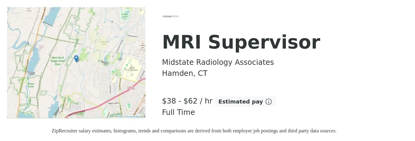 Midstate Radiology Associates job posting for a MRI Supervisor in Hamden, CT with a salary of $40 to $65 Hourly with a map of Hamden location.