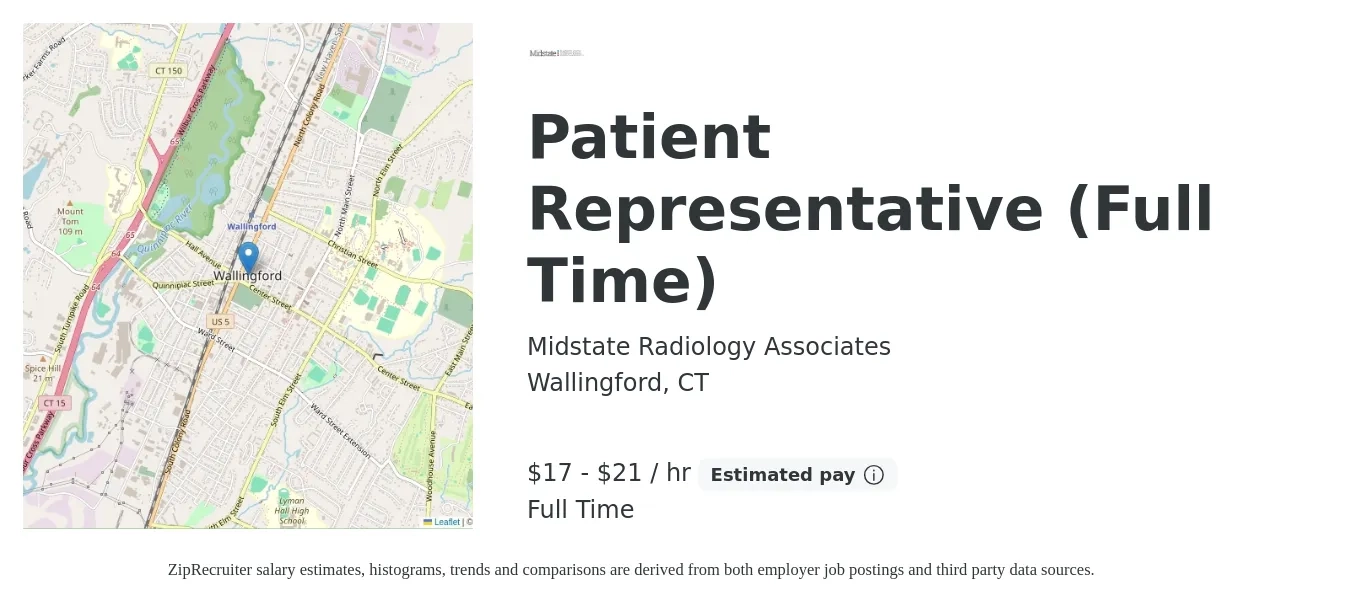 Midstate Radiology Associates job posting for a Patient Representative (Full Time) in Wallingford, CT with a salary of $18 to $22 Hourly with a map of Wallingford location.