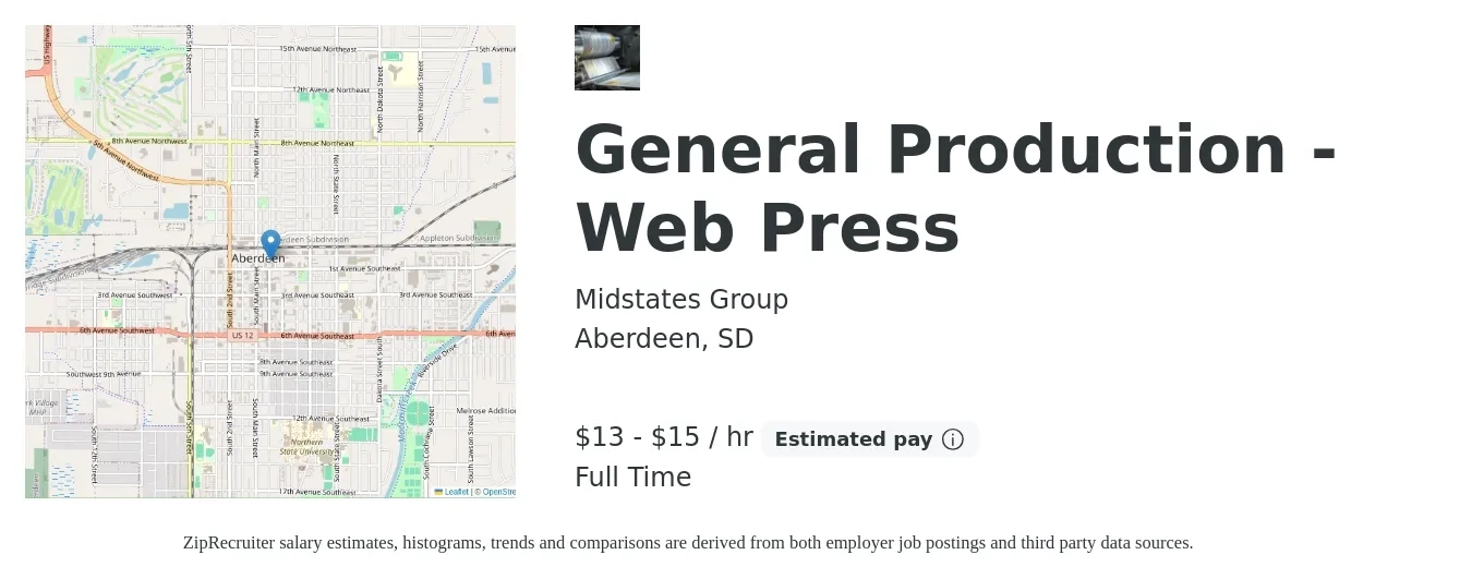 Midstates Group job posting for a General Production - Web Press in Aberdeen, SD with a salary of $14 to $16 Hourly with a map of Aberdeen location.