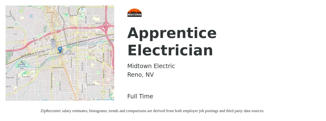 Midtown Electric job posting for a Apprentice Electrician in Reno, NV with a salary of $19 to $26 Hourly with a map of Reno location.