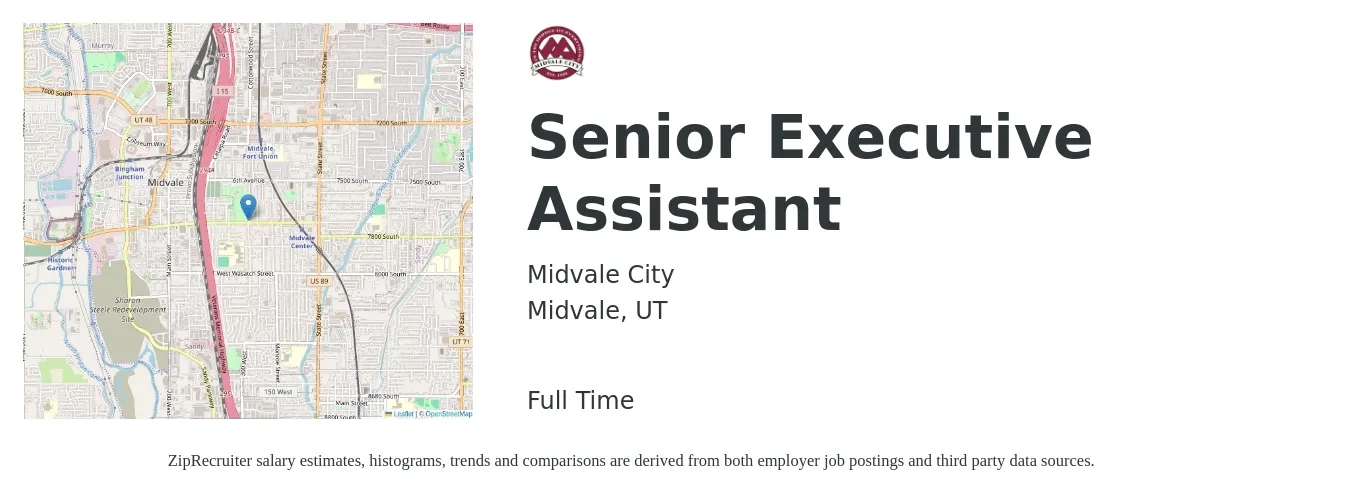 Midvale City job posting for a Senior Executive Assistant in Midvale, UT with a salary of $56,600 to $99,500 Yearly with a map of Midvale location.