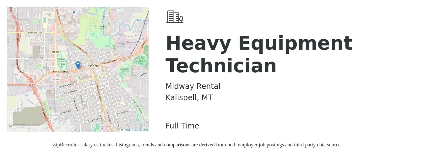 Midway Rental job posting for a Heavy Equipment Technician in Kalispell, MT with a salary of $23 to $32 Hourly with a map of Kalispell location.