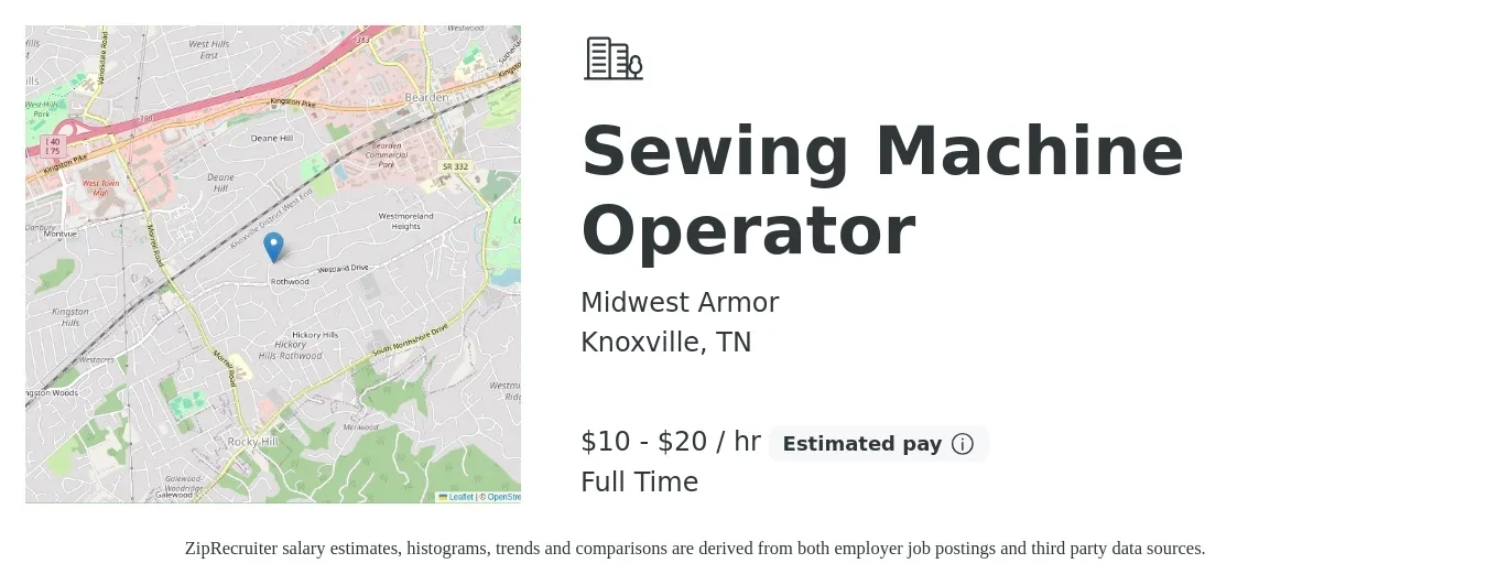 Midwest Armor job posting for a Sewing Machine Operator in Knoxville, TN with a salary of $11 to $21 Hourly with a map of Knoxville location.