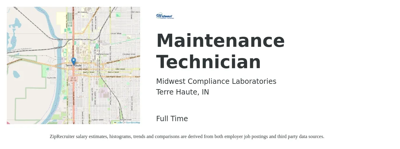 Midwest Compliance Laboratories job posting for a Maintenance Technician in Terre Haute, IN with a salary of $18 to $26 Hourly with a map of Terre Haute location.