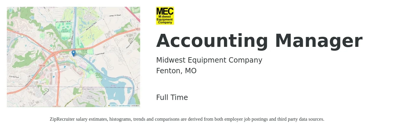 Midwest Equipment Company job posting for a Accounting Manager in Fenton, MO with a salary of $75,000 to $85,000 Yearly with a map of Fenton location.
