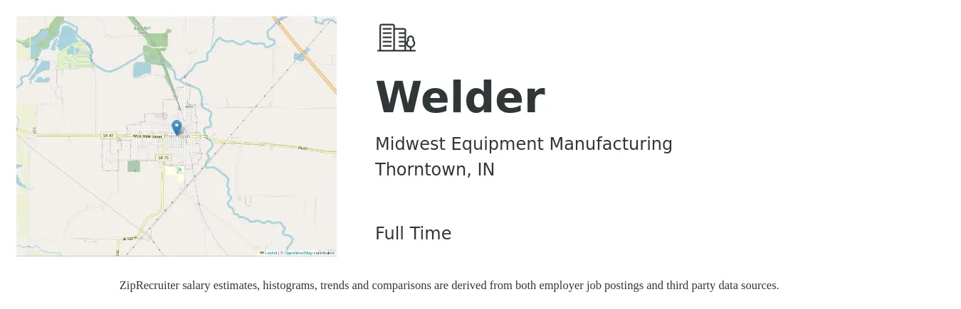 Midwest Equipment Manufacturing job posting for a Welder in Thorntown, IN with a salary of $19 to $24 Hourly with a map of Thorntown location.