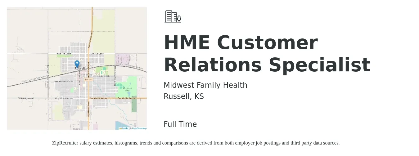 Midwest Family Health, Inc. job posting for a HME Customer Relations Specialist in Russell, KS with a salary of $14 to $21 Hourly with a map of Russell location.