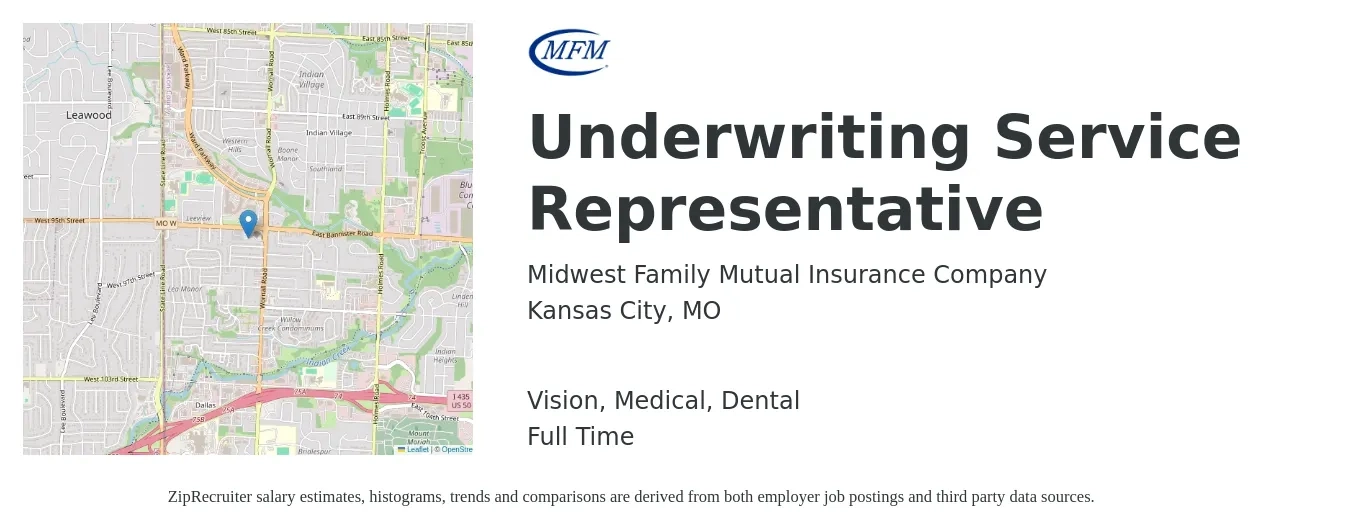 Midwest Family Mutual Insurance Company job posting for a Underwriting Service Representative in Kansas City, MO with a salary of $39,000 to $53,700 Yearly and benefits including retirement, vision, dental, life_insurance, and medical with a map of Kansas City location.