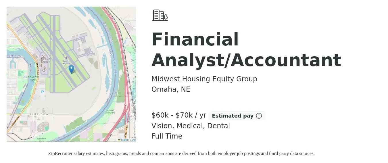 Midwest Housing Equity Group job posting for a Financial Analyst/Accountant in Omaha, NE with a salary of $50,000 to $60,000 Yearly and benefits including life_insurance, medical, retirement, vision, and dental with a map of Omaha location.