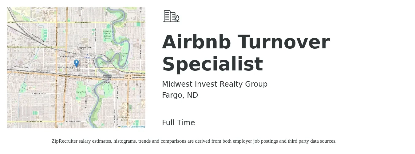 Midwest Invest Realty Group job posting for a Airbnb Turnover Specialist in Fargo, ND with a salary of $15,000 Monthly with a map of Fargo location.