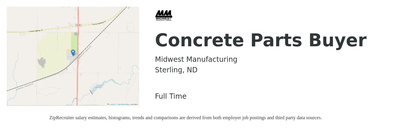 Midwest Manufacturing job posting for a Concrete Parts Buyer in Sterling, ND with a salary of $36,000 to $68,500 Yearly with a map of Sterling location.