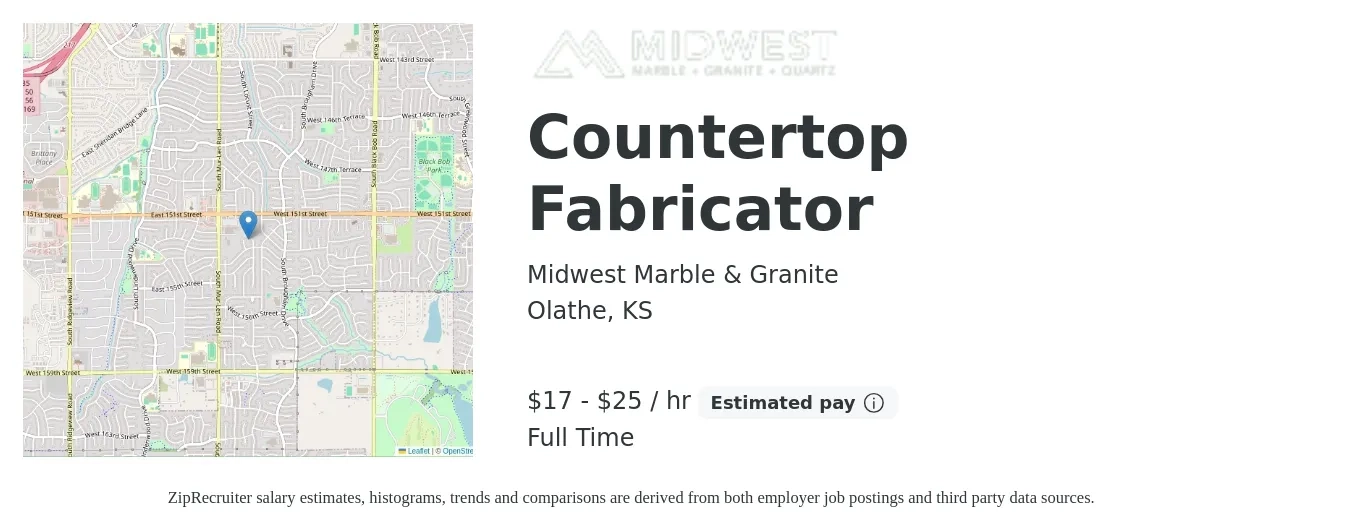 Midwest Marble & Granite job posting for a Countertop Fabricator in Olathe, KS with a salary of $18 to $26 Hourly with a map of Olathe location.