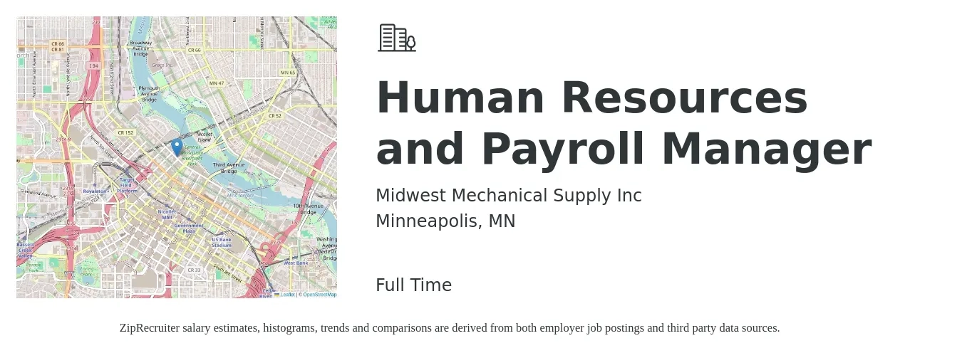 Midwest Mechanical Supply Inc job posting for a Human Resources and Payroll Manager in Minneapolis, MN with a salary of $70,000 to $80,000 Yearly with a map of Minneapolis location.