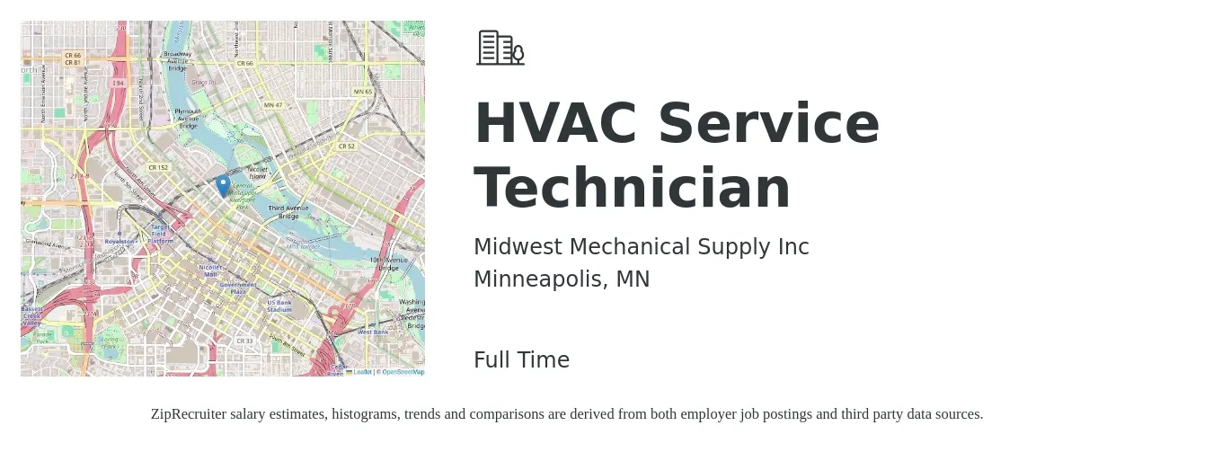 Midwest Mechanical Supply Inc job posting for a HVAC Service Technician in Minneapolis, MN with a salary of $26 to $36 Hourly with a map of Minneapolis location.