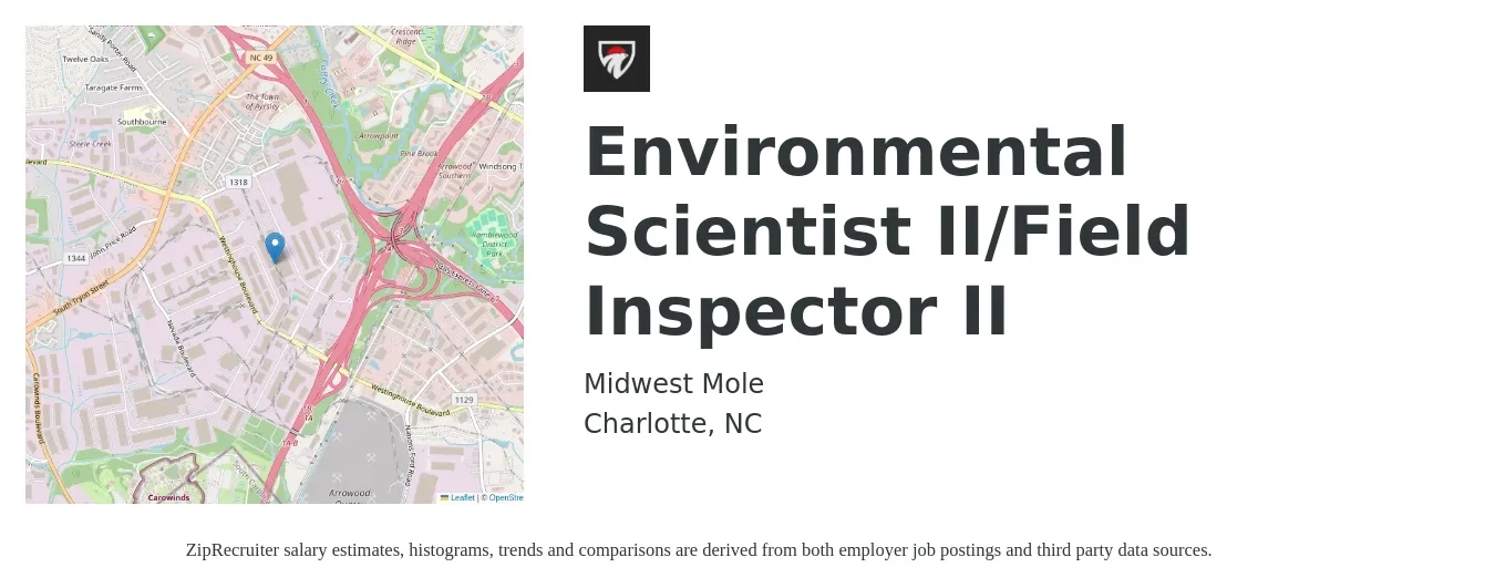 Midwest Mole job posting for a Environmental Scientist II/Field Inspector II in Charlotte, NC with a salary of $18 to $24 Hourly with a map of Charlotte location.