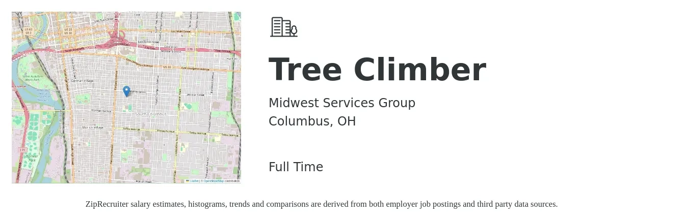 Midwest Services Group job posting for a Tree Climber in Columbus, OH with a salary of $25 to $29 Hourly with a map of Columbus location.