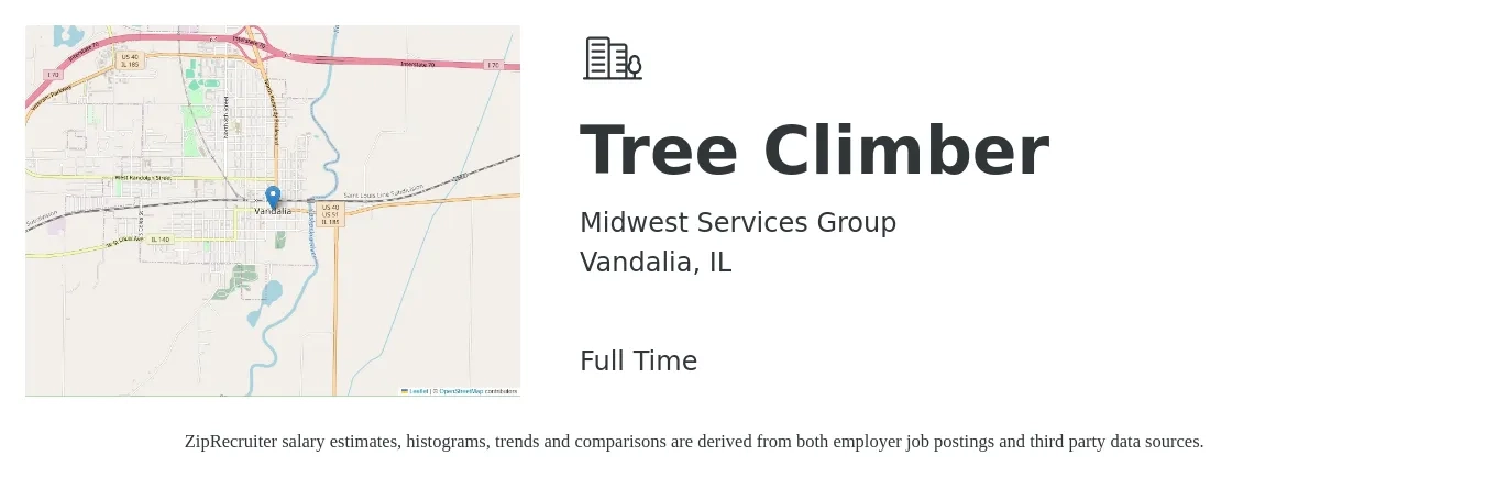 Midwest Services Group job posting for a Tree Climber in Vandalia, IL with a salary of $25 to $29 Hourly with a map of Vandalia location.