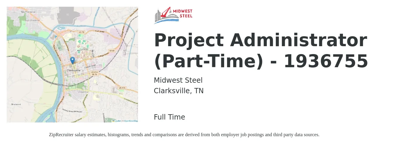 Midwest Steel job posting for a Project Administrator (Part-Time) - 1936755 in Clarksville, TN with a salary of $20 to $30 Hourly with a map of Clarksville location.