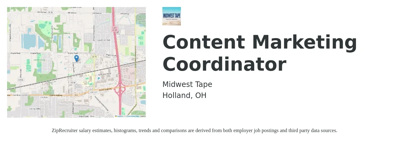 Midwest Tape job posting for a Content Marketing Coordinator in Holland, OH with a salary of $39,700 to $50,100 Yearly with a map of Holland location.
