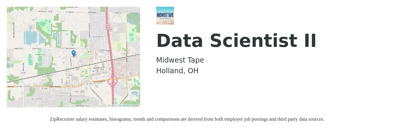 Midwest Tape job posting for a Data Scientist II in Holland, OH with a salary of $100,000 to $120,000 Yearly with a map of Holland location.