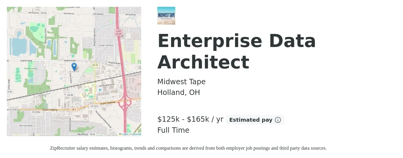 Midwest Tape job posting for a Enterprise Data Architect in Holland, OH with a salary of $125,000 to $165,000 Yearly with a map of Holland location.