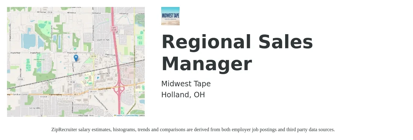 Midwest Tape job posting for a Regional Sales Manager in Holland, OH with a salary of $90,000 to $100,000 Yearly with a map of Holland location.