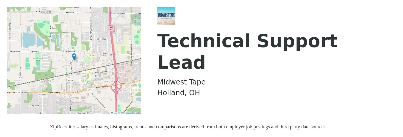 Midwest Tape job posting for a Technical Support Lead in Holland, OH with a salary of $21 to $25 Hourly with a map of Holland location.