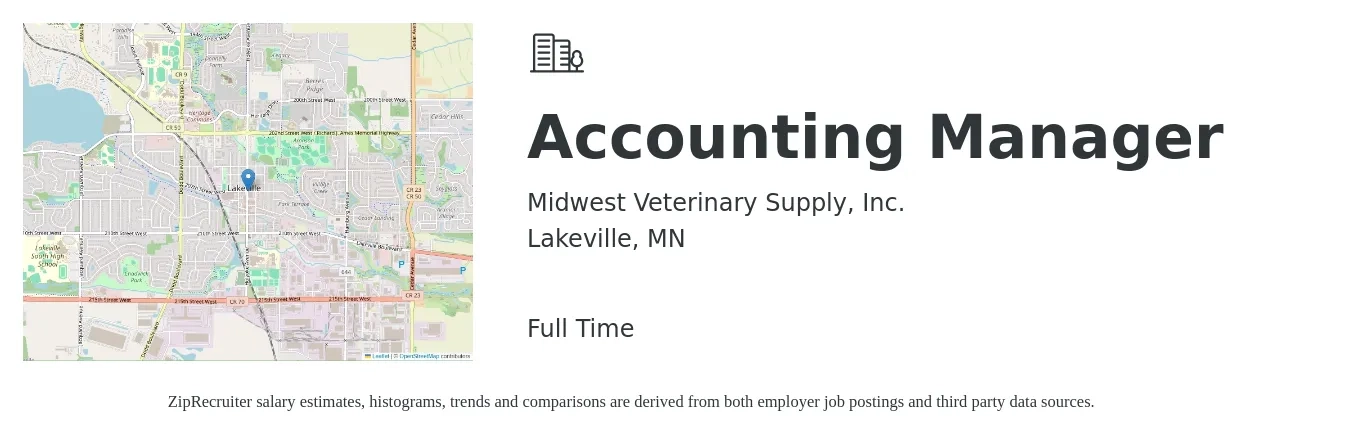Midwest Veterinary Supply, Inc. job posting for a Accounting Manager in Lakeville, MN with a salary of $80,800 to $116,000 Yearly with a map of Lakeville location.