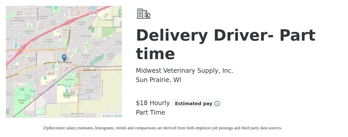 Midwest Veterinary Supply, Inc. job posting for a Delivery Driver- Part time in Sun Prairie, WI with a salary of $19 Hourly with a map of Sun Prairie location.
