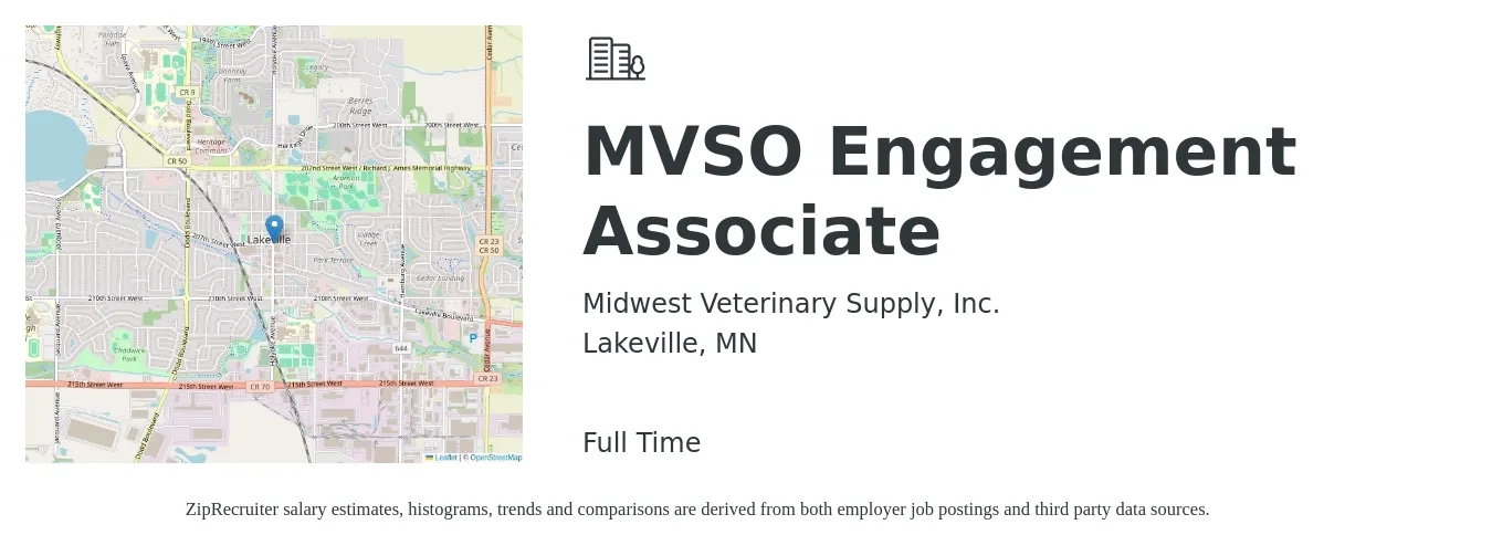 Midwest Veterinary Supply, Inc. job posting for a MVSO Engagement Associate in Lakeville, MN with a salary of $37,300 to $57,500 Yearly with a map of Lakeville location.