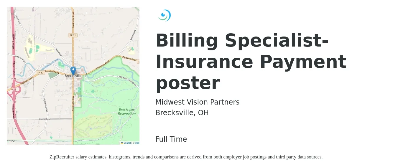 Midwest Vision Partners job posting for a Billing Specialist- Insurance Payment poster in Brecksville, OH with a salary of $16 to $20 Hourly with a map of Brecksville location.