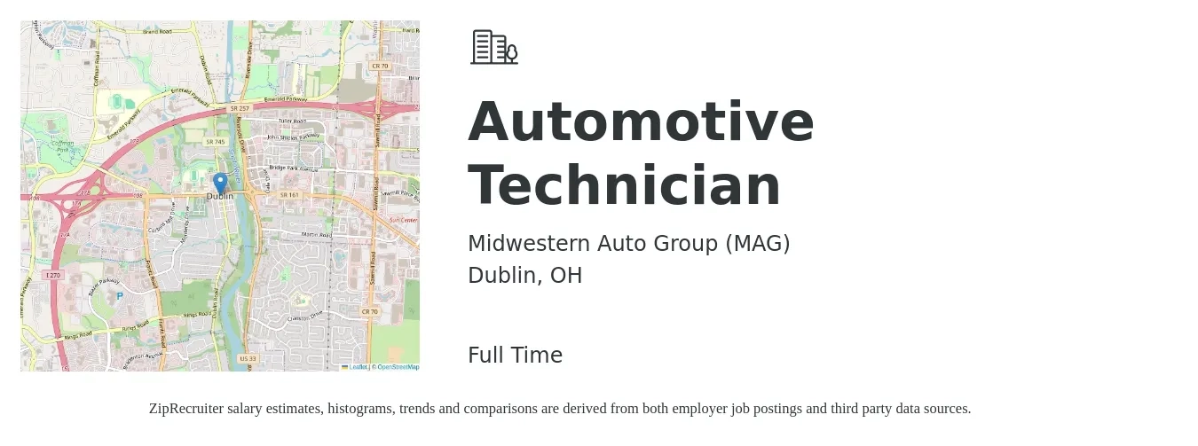 Midwestern Auto Group (MAG) job posting for a Automotive Technician in Dublin, OH with a salary of $150,000 Yearly with a map of Dublin location.