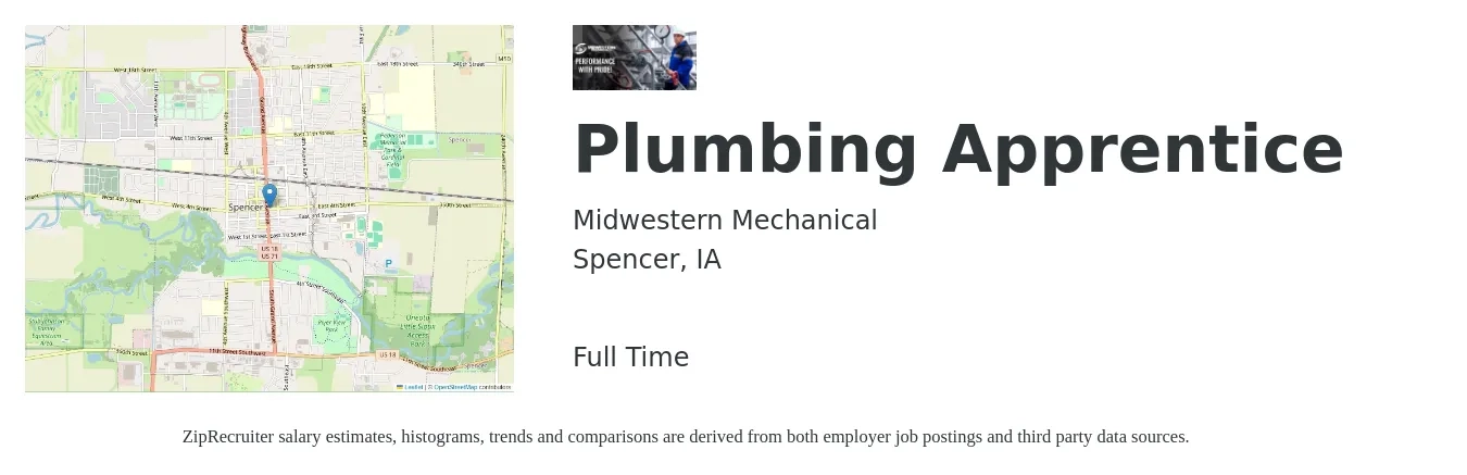 Midwestern Mechanical job posting for a Plumbing Apprentice in Spencer, IA with a salary of $16 to $23 Hourly with a map of Spencer location.