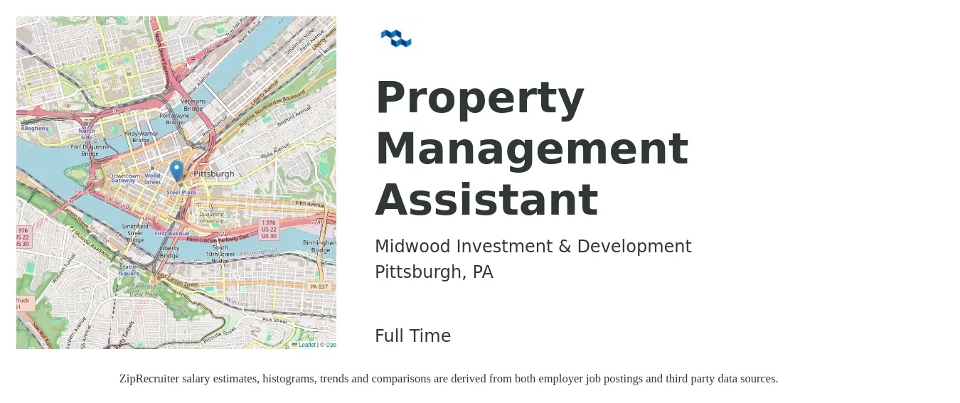 Midwood Investment & Development job posting for a Property Management Assistant in Pittsburgh, PA with a salary of $18 to $25 Hourly with a map of Pittsburgh location.