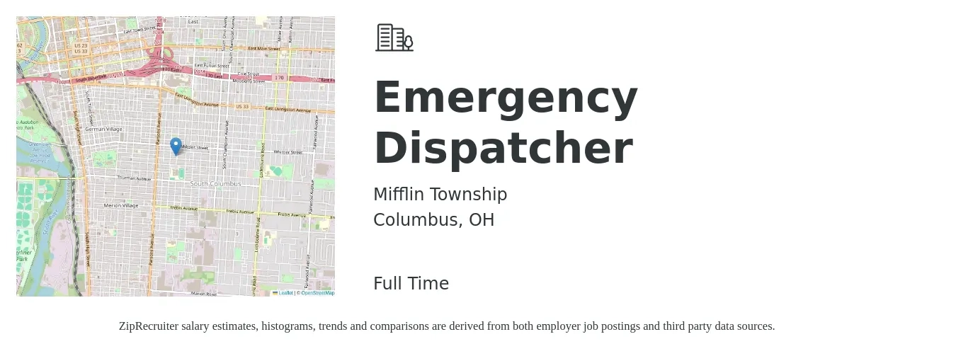 Mifflin Township job posting for a Emergency Dispatcher in Columbus, OH with a salary of $40,600 to $52,200 Yearly with a map of Columbus location.