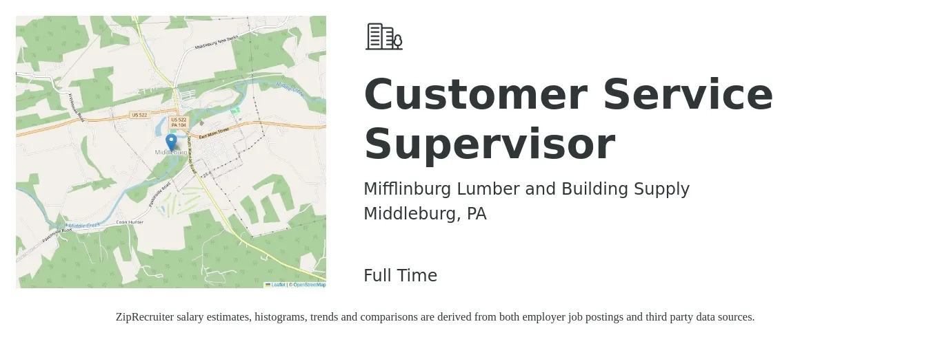 Mifflinburg Lumber and Building Supply job posting for a Customer Service Supervisor in Middleburg, PA with a salary of $39,800 to $68,000 Yearly with a map of Middleburg location.
