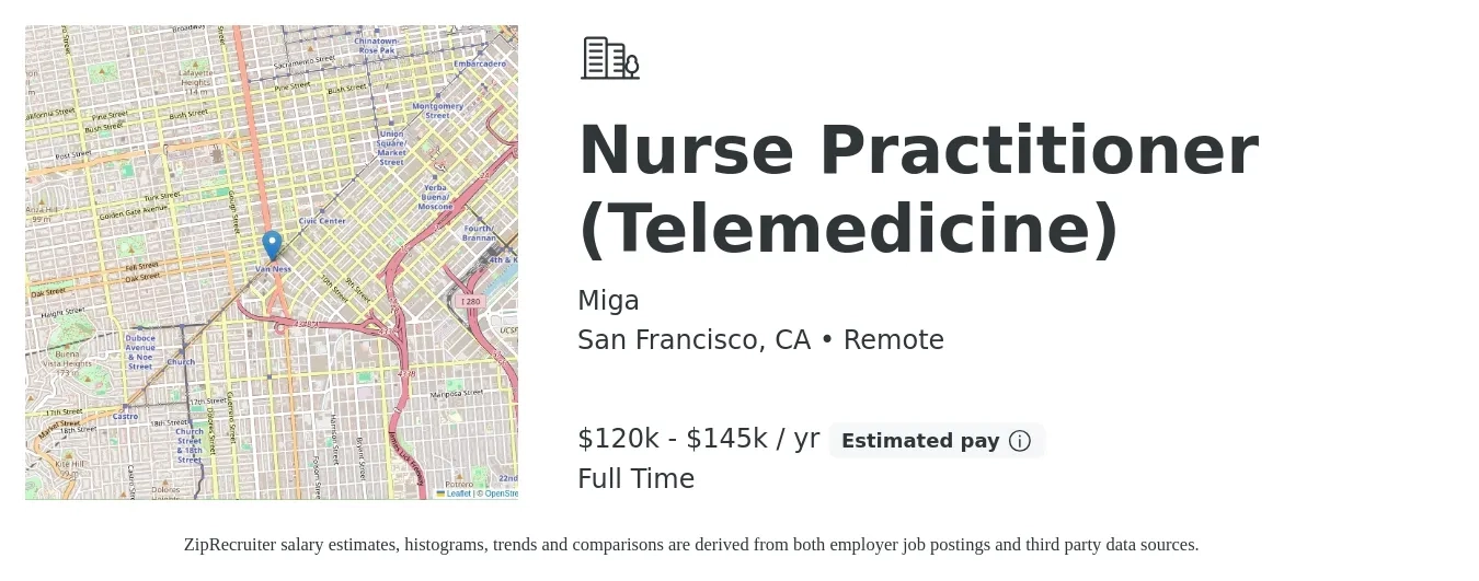 Miga job posting for a Nurse Practitioner (Telemedicine) in San Francisco, CA with a salary of $120,000 to $145,000 Yearly with a map of San Francisco location.