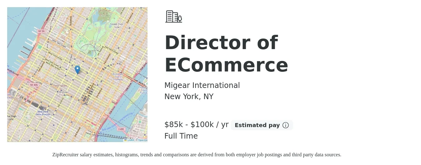 Migear International job posting for a Director of ECommerce in New York, NY with a salary of $85,000 to $100,000 Yearly with a map of New York location.