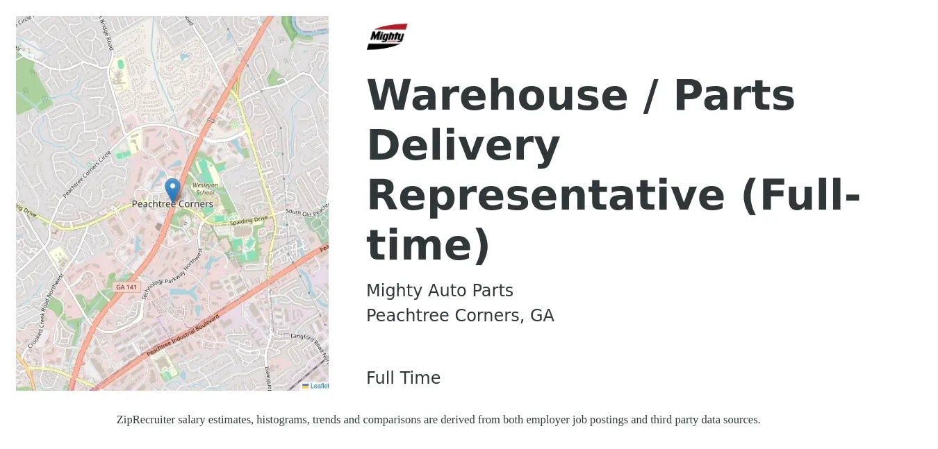 Mighty Auto Parts job posting for a Warehouse / Parts Delivery Representative (Full-time) in Peachtree Corners, GA with a salary of $15 to $19 Hourly with a map of Peachtree Corners location.