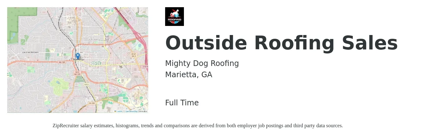 Mighty Dog Roofing job posting for a Outside Roofing Sales in Marietta, GA with a salary of $50,100 to $85,900 Yearly with a map of Marietta location.