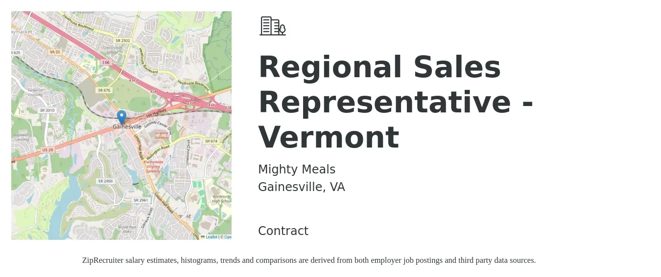 Mighty Meals job posting for a Regional Sales Representative - Vermont in Gainesville, VA with a salary of $49,900 to $91,300 Yearly with a map of Gainesville location.