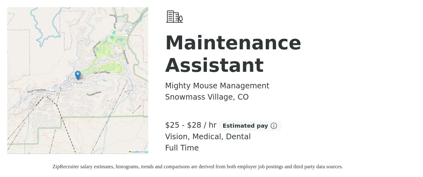 Mighty Mouse Management job posting for a Maintenance Assistant in Snowmass Village, CO with a salary of $27 to $30 Hourly and benefits including vision, dental, and medical with a map of Snowmass Village location.