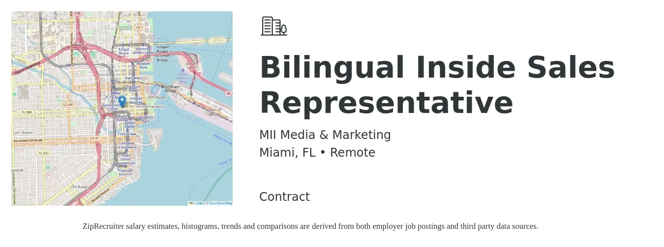 MII Media & Marketing job posting for a Bilingual Inside Sales Representative in Miami, FL with a salary of $1,000 to $10,000 Monthly with a map of Miami location.