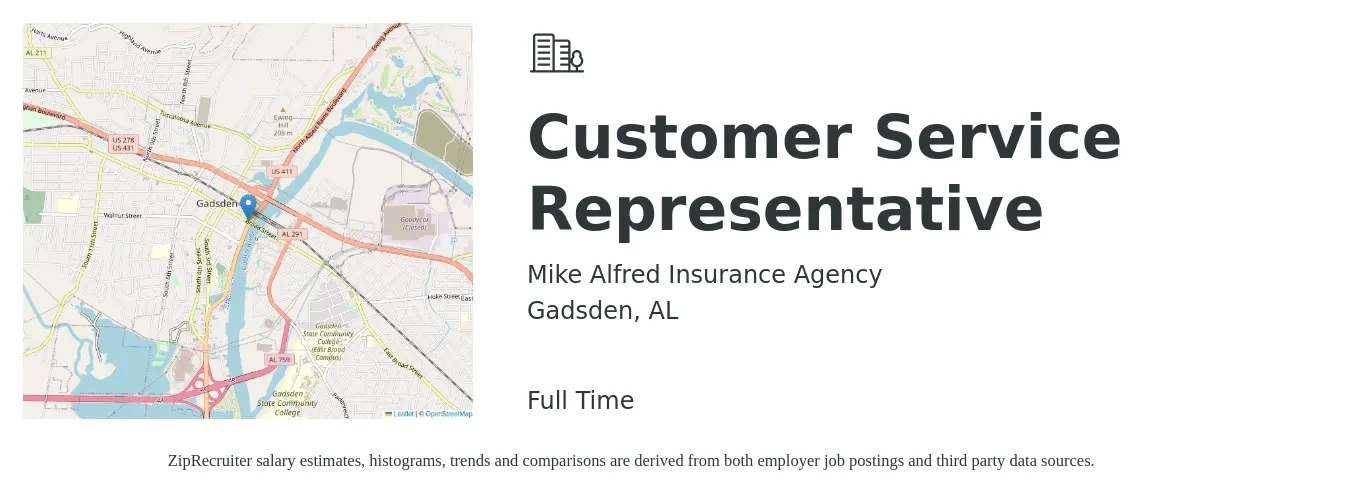 Mike Alfred Insurance Agency job posting for a Customer Service Representative in Gadsden, AL with a salary of $14 to $18 Hourly with a map of Gadsden location.