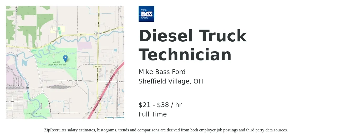 Mike Bass Ford job posting for a Diesel Truck Technician in Sheffield Village, OH with a salary of $22 to $40 Hourly with a map of Sheffield Village location.