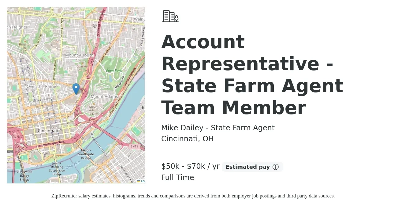 Mike Dailey - State Farm Agent job posting for a Account Representative - State Farm Agent Team Member in Cincinnati, OH with a salary of $50,000 to $70,000 Yearly with a map of Cincinnati location.