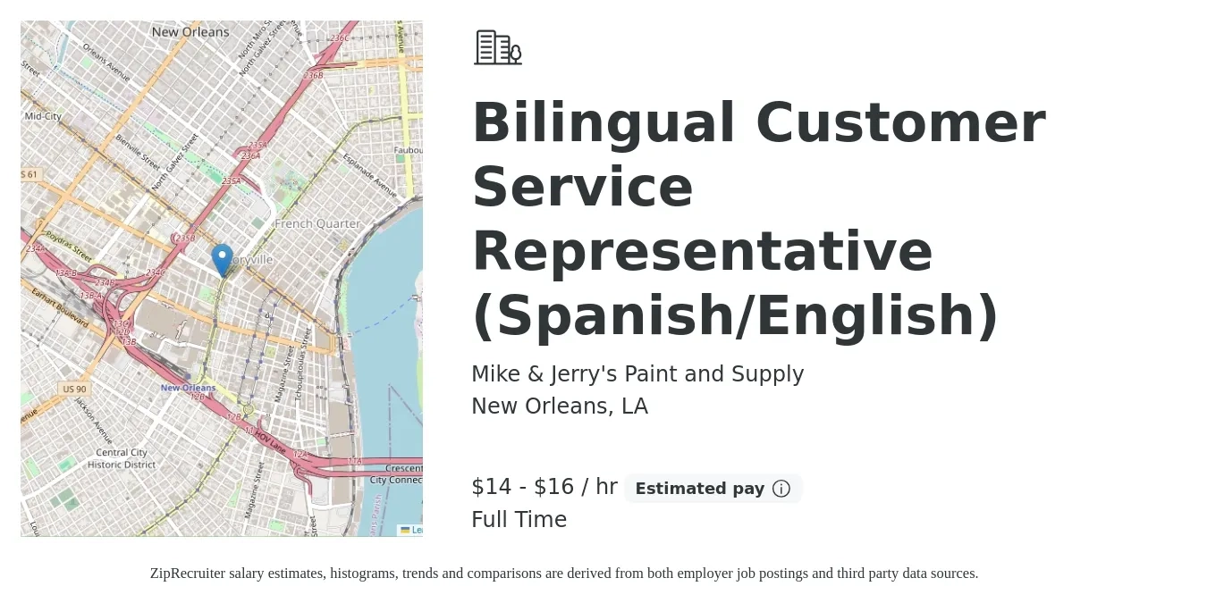 Mike & Jerry's Paint and Supply job posting for a Bilingual Customer Service Representative (Spanish/English) in New Orleans, LA with a salary of $15 to $17 Hourly with a map of New Orleans location.