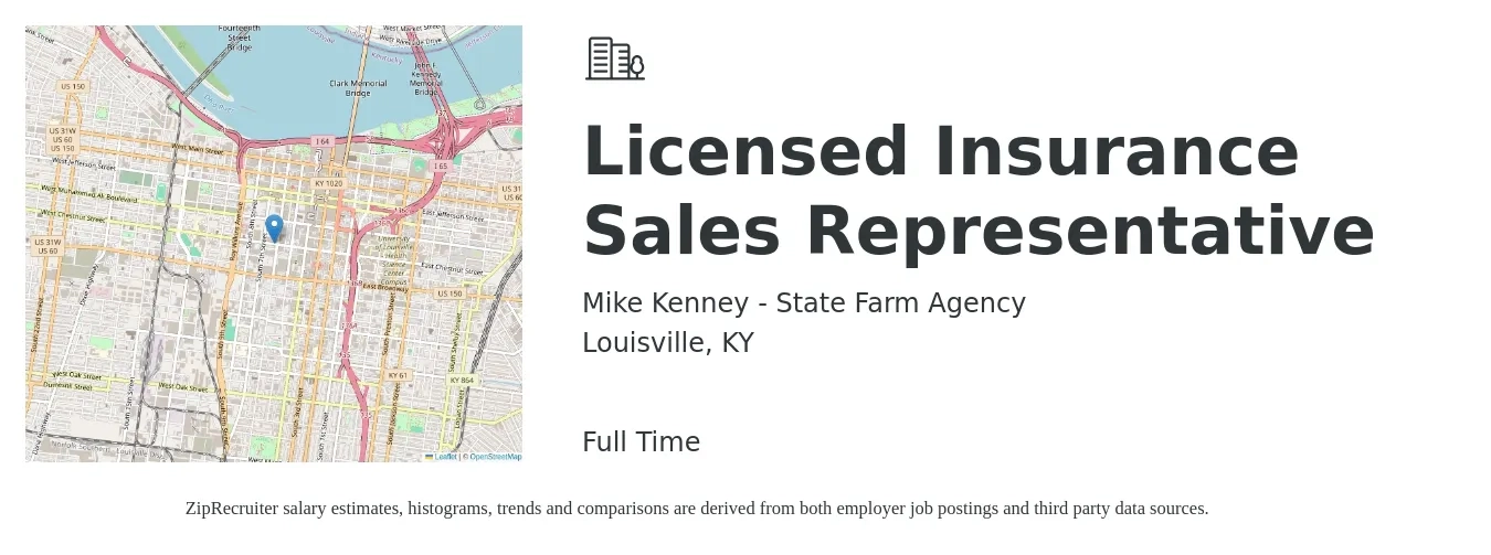 Mike Kenney - State Farm Agency job posting for a Licensed Insurance Sales Representative in Louisville, KY with a salary of $41,200 to $102,000 Yearly with a map of Louisville location.